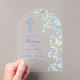 Invitaciones Acrílicas Flores de acuarela azul bautismo de arco
