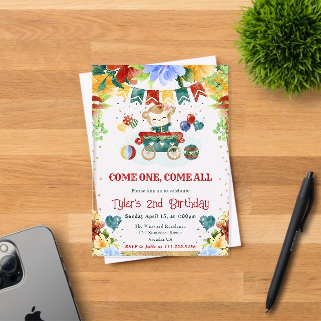 Invitaciones Acrílicas Flores de Acuarela Cumpleaños de Mono Niños (Insitu (Tarjeta de Invitación))