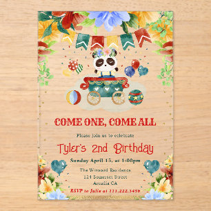 Invitaciones Acrílicas Flores de Acuarela Cumpleaños Infantil Panda