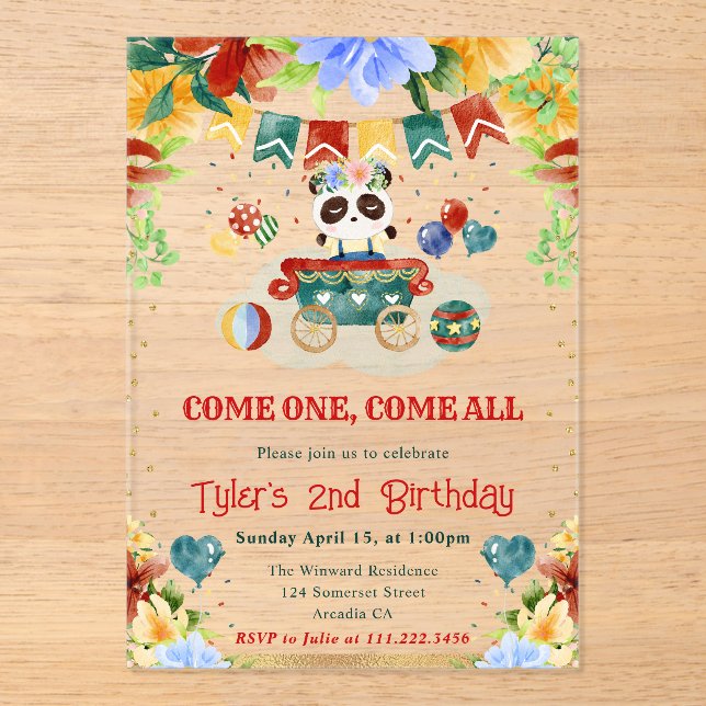 Invitaciones Acrílicas Flores de Acuarela Cumpleaños Infantil Panda (Anverso)