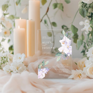 Invitaciones Acrílicas Flores de Acuarela Moradas y Vegetación para Boda