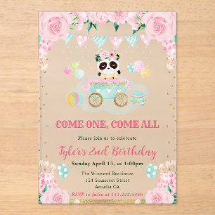 Invitaciones Acrílicas Flores de Acuarela Rosa Cumpleaños Infantil Panda