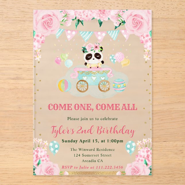 Invitaciones Acrílicas Flores de Acuarela Rosa Cumpleaños Infantil Panda (Anverso)