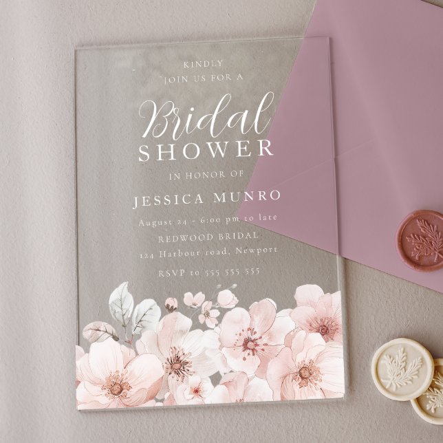 Invitaciones Acrílicas Flores de acuarela rosa suave ducha de novia (Subido por el creador)