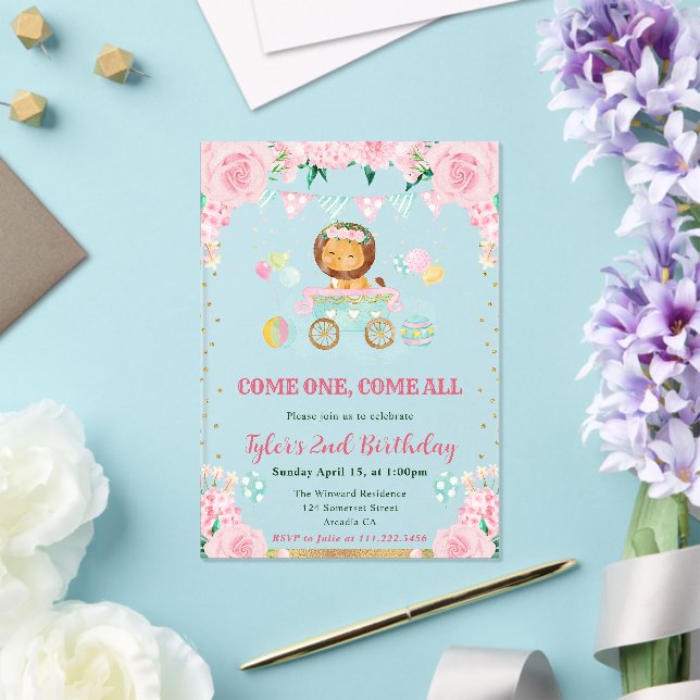 Invitaciones Acrílicas Flores de Acuarela Rosadas Cumpleaños de León Niño (Insitu (Boda))