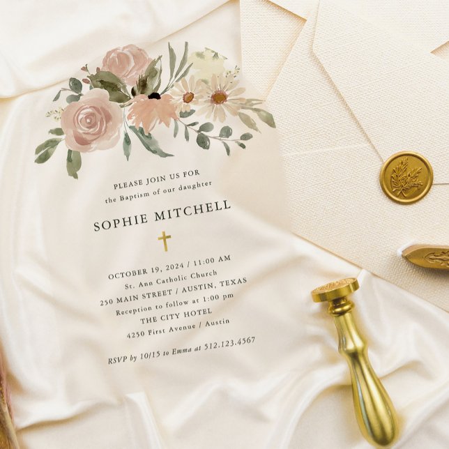 Invitaciones Acrílicas Flores de agua neutra Boho simples | Bautismo (Subido por el creador)