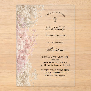 Invitaciones Acrílicas flores de aliento de bebé Primera Comunión
