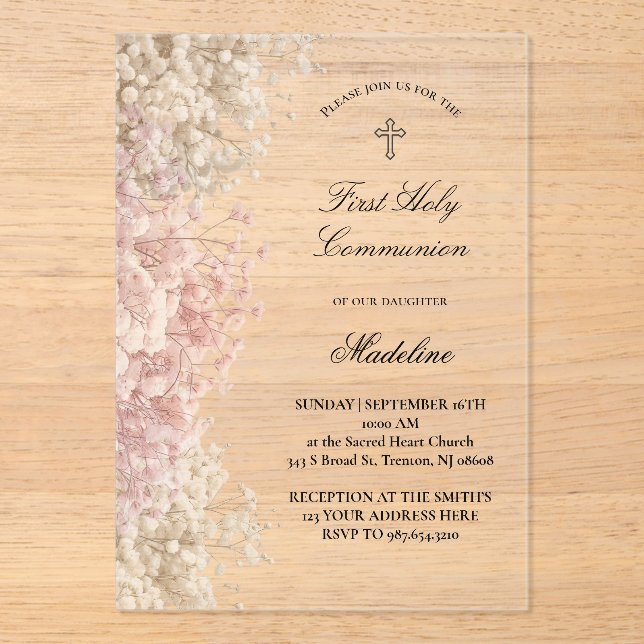 Invitaciones Acrílicas flores de aliento de bebé Primera Comunión (Anverso)