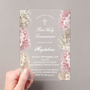 Invitaciones Acrílicas flores de aliento de bebé Primera Comunión