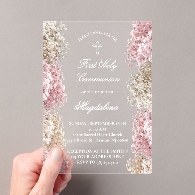 Invitaciones Acrílicas flores de aliento de bebé | Primera Comunión (Insitu (portátil))