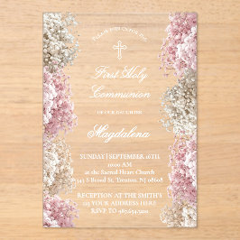 Invitaciones Acrílicas flores de aliento de bebé | Primera Comunión