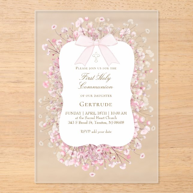 Invitaciones Acrílicas flores de aliento de bebé rosa blanco Primera Comu (Anverso)