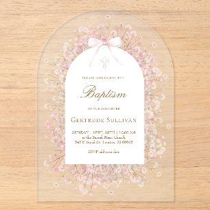 Invitaciones Acrílicas flores de aliento de bebé rosadas blancas Bautizo