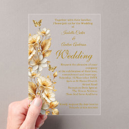 Invitaciones Acrílicas Flores de boda elegantes mariposas de oro blanco