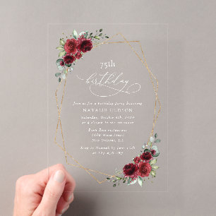 Invitaciones Acrílicas Flores de Borgoña, Flores Rojas, Boho, Cumpleaños