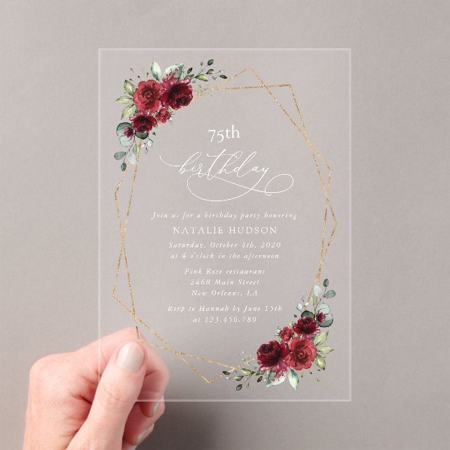 Invitaciones Acrílicas Flores de Borgoña, Flores Rojas, Boho, Cumpleaños (Insitu (portátil))