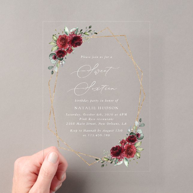 Invitaciones Acrílicas Flores de Borgoña, Flores Rojas, Boho, Dulces 16 (Insitu (portátil))