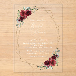 Invitaciones Acrílicas Flores de Borgoña, flores rojas, ducha de novia