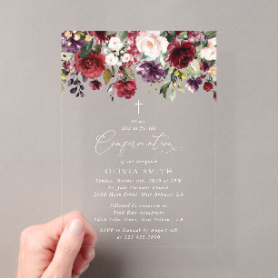 Invitaciones Acrílicas Flores de Borgoña, Flores Rosadas, Boho, Confirmac