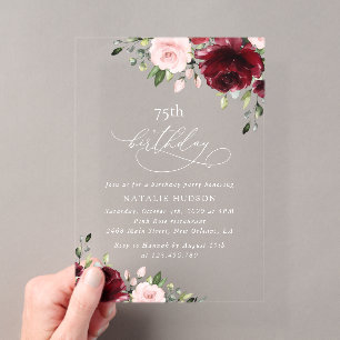 Invitaciones Acrílicas Flores de Borgoña, Flores Rosadas, Boho, Cumpleaño