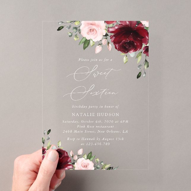Invitaciones Acrílicas Flores de Borgoña, Flores Rosadas, Boho, Dulces 16 (Insitu (portátil))