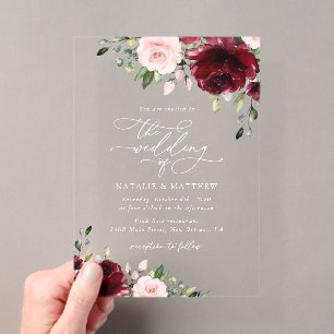 Invitaciones Acrílicas Flores de Borgoña, Flores Rosadas, Verdor, Boda