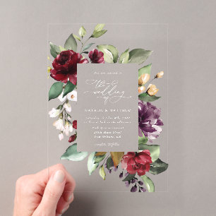 Invitaciones Acrílicas Flores de Borgoña, Flores Rosadas, Verdor, Boda