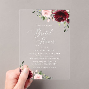 Invitaciones Acrílicas Flores de Borgoña, flores rosas, ducha de novia