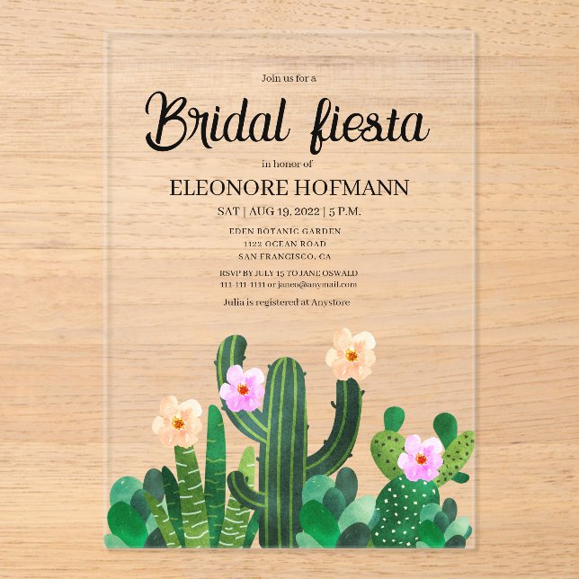 Invitaciones Acrílicas Flores de cactus Fiesta Nupcial (Anverso)