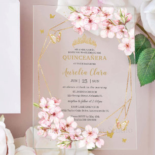 Invitaciones Acrílicas Flores de cerezo elegantes Quinceañera Dulces 16