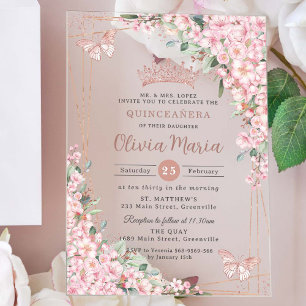 Invitaciones Acrílicas Flores de Cerezo Rosa Dorado Mariposas Quinceañera