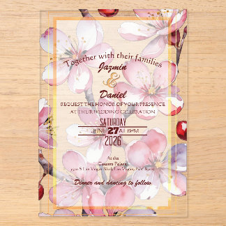 Invitaciones Acrílicas Flores de Cerezo Rosa Lavanda Acuarela Caja Transp