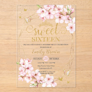 Invitaciones Acrílicas Flores de cerezo rosadas Cumpleaños Dulces 16 Diec