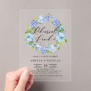 Invitaciones Acrílicas Flores de hidrangea azul Wreath Test Lunch