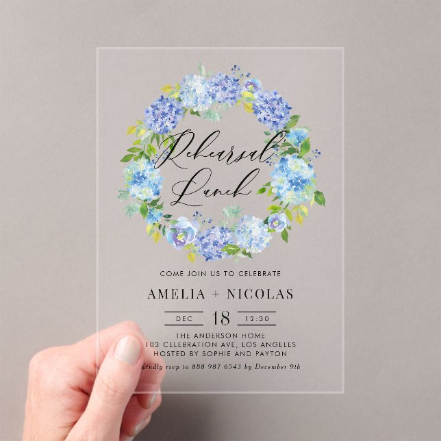 Invitaciones Acrílicas Flores de hidrangea azul Wreath Test Lunch (Insitu (portátil))