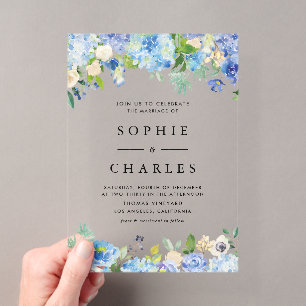 Invitaciones Acrílicas Flores de Hortensias Azules en Acuarela para Boda
