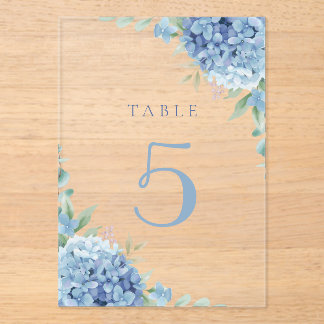 Invitaciones Acrílicas flores de hortensias azules mesa 5
