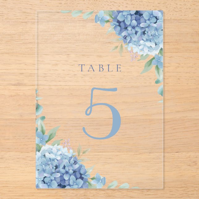 Invitaciones Acrílicas flores de hortensias azules mesa 5 (Anverso)