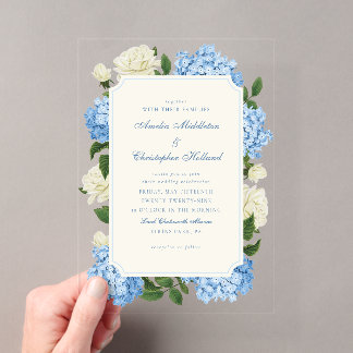 Invitaciones Acrílicas Flores de Hortensias Azules y Bodas de Jardín de R