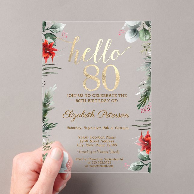 Invitaciones Acrílicas Flores de invierno Poinsettia 80 cumpleaños (Insitu (portátil))