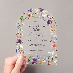 Invitaciones Acrílicas Flores de Jardín Botánico Escritura Cumpleaños 90