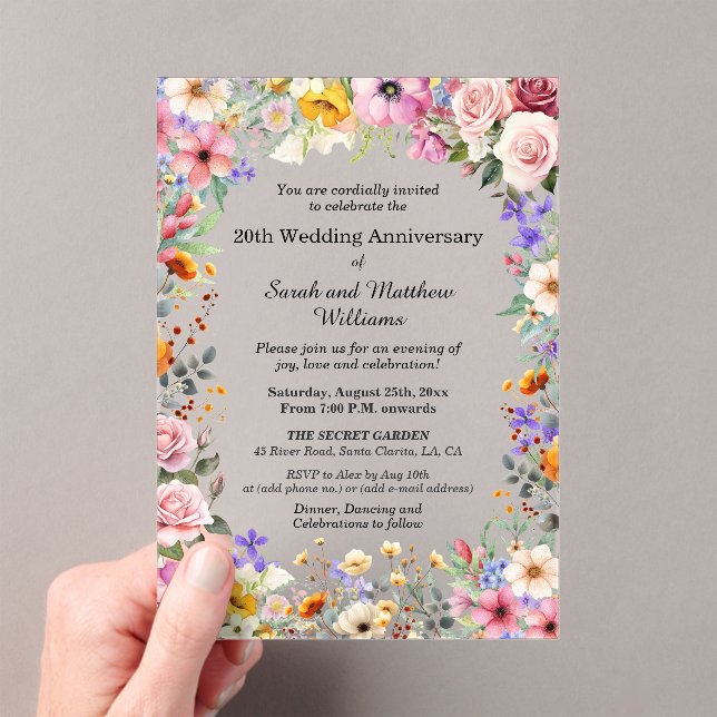 Invitaciones Acrílicas Flores de jardín chic 20º Aniversario de Boda (Insitu (portátil))