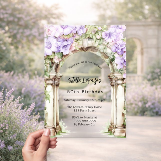 Invitaciones Acrílicas Flores de lavanda arco beige claro de cumpleaños (Subido por el creador)