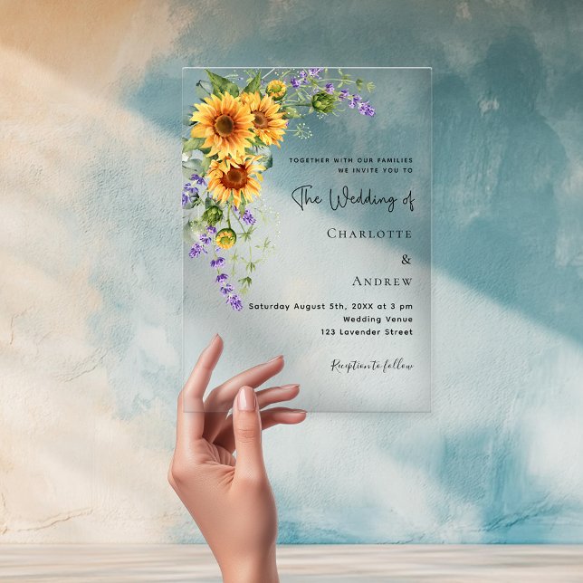 Invitaciones Acrílicas Flores de lavanda de girasol boda claro (Subido por el creador)