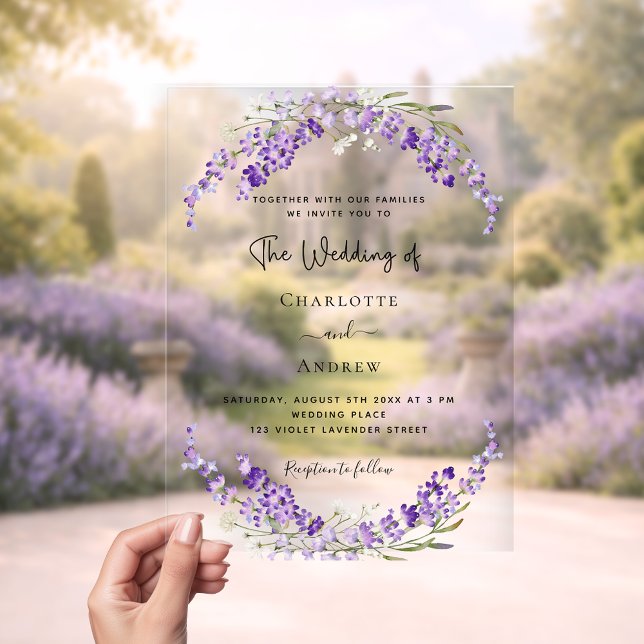 Invitaciones Acrílicas Flores de lavanda violeta boda claro (Subido por el creador)