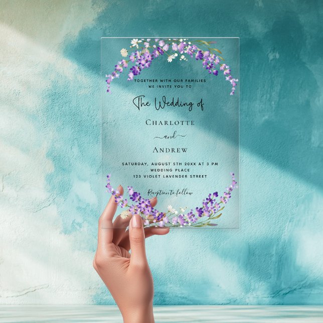 Invitaciones Acrílicas Flores de lavanda violeta boda claro (Subido por el creador)