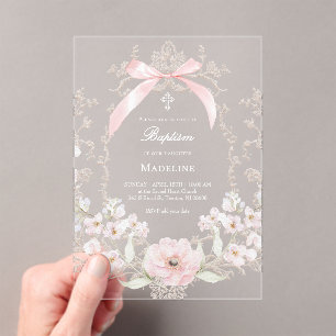 Invitaciones Acrílicas flores de lazo rosa marco Bautizo