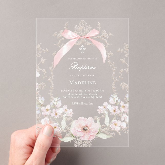 Invitaciones Acrílicas flores de lazo rosa marco Bautizo (Insitu (portátil))