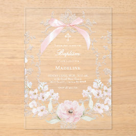 Invitaciones Acrílicas flores de lazo rosa marco Bautizo