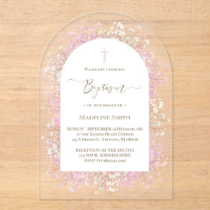 Invitaciones Acrílicas flores de lila blancas acuarela Bautizo